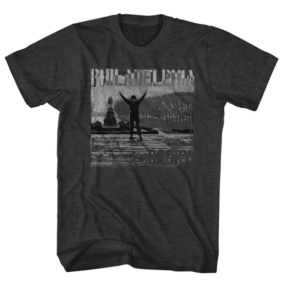 Rocky T-Shirt Distressed Philadelphia Top Of Stairs Black Heather Tee - Yoga Clothing for You