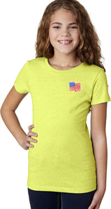 Girls Waving USA Flag T-shirt Patch Pocket Print - Yoga Clothing for You