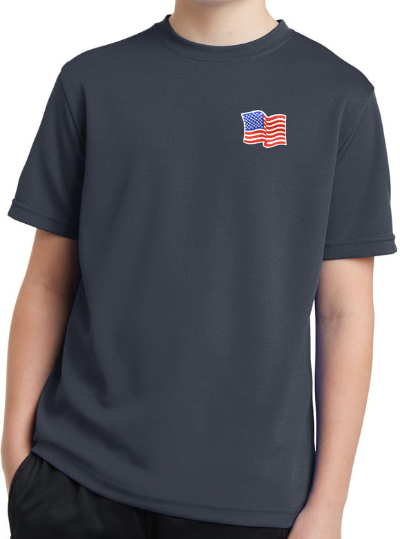 Kids Waving USA Flag T-shirt Patch Pocket Print Dry Wicking Tee - Yoga Clothing for You