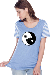 Yin Yang Wolves Striped Multi-Contrast Yoga Tee Shirt - Yoga Clothing for You