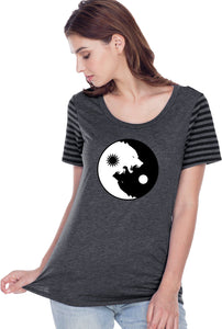 Yin Yang Wolves Striped Multi-Contrast Yoga Tee Shirt - Yoga Clothing for You