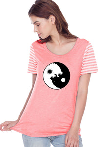 Yin Yang Wolves Striped Multi-Contrast Yoga Tee Shirt - Yoga Clothing for You