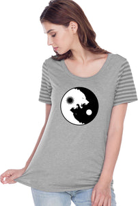 Yin Yang Wolves Striped Multi-Contrast Yoga Tee Shirt - Yoga Clothing for You