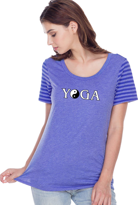 Yin Yang Yoga Text Striped Multi-Contrast Yoga Tee Shirt - Yoga Clothing for You