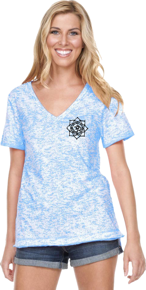 Black Lotus OM Patch Pocket Print Burnout V-neck Yoga Tee - Yoga Clothing for You