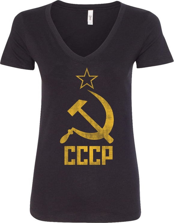 Ladies Soviet Union T-shirt Distressed CCCP V-Neck - Yoga Clothing for You