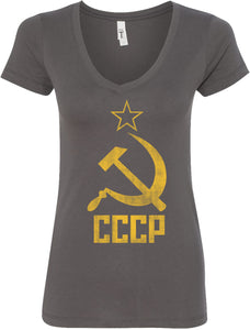 Ladies Soviet Union T-shirt Distressed CCCP V-Neck - Yoga Clothing for You