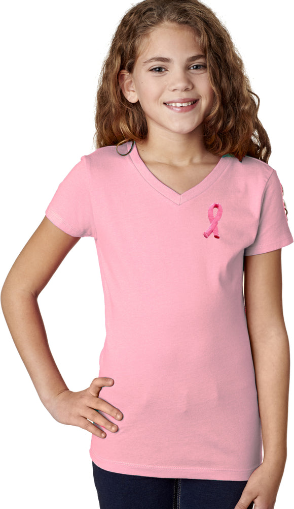 Girls Breast Cancer Tee Embroidered Ribbon Pocket Print V-Neck - Yoga Clothing for You