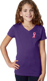 Girls Breast Cancer Tee Embroidered Ribbon Pocket Print V-Neck - Yoga Clothing for You