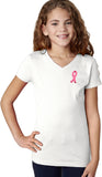 Girls Breast Cancer Tee Embroidered Ribbon Pocket Print V-Neck - Yoga Clothing for You