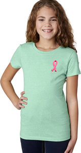 Girls Breast Cancer T-shirt Embroidered Pink Ribbon Pocket Print - Yoga Clothing for You