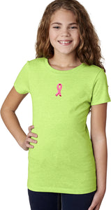 Girls Breast Cancer T-shirt Embroidered Pink Ribbon Small Print - Yoga Clothing for You