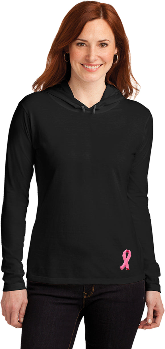 Ladies Breast Cancer Tee Embroidered Ribbon Bottom Hooded Shirt - Yoga Clothing for You