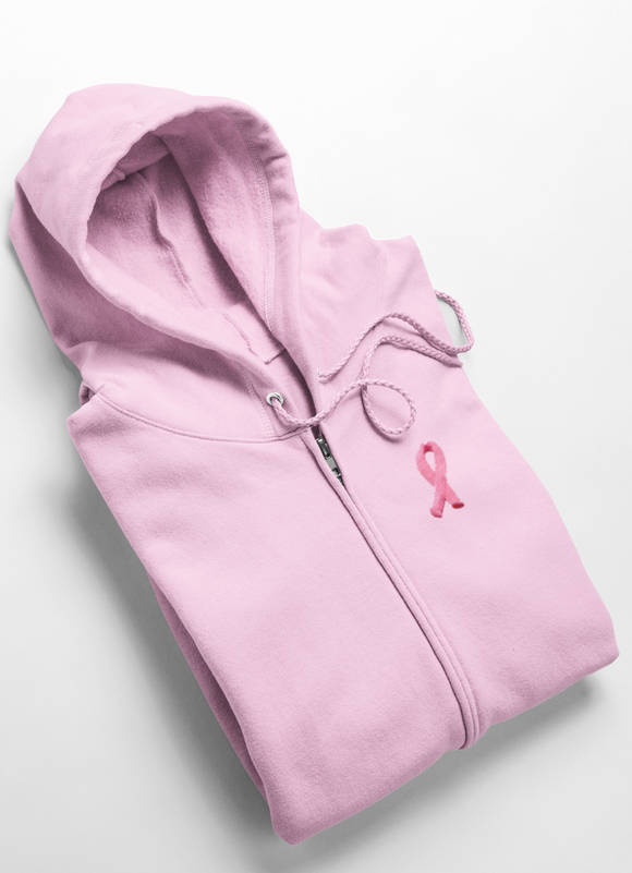 Breast Cancer Full Zip Hoodie Embroidered Ribbon Pocket Print - Yoga Clothing for You