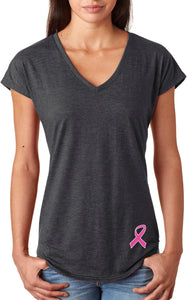 Breast Cancer Pink Ribbon Bottom Print Ladies Triblend V-Neck - Yoga Clothing for You