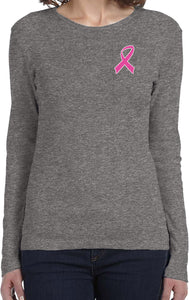 Ladies Breast Cancer Shirt Pink Ribbon Pocket Print Long Sleeve - Yoga Clothing for You