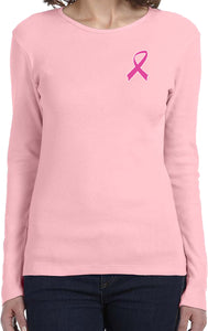 Ladies Breast Cancer Shirt Pink Ribbon Pocket Print Long Sleeve - Yoga Clothing for You