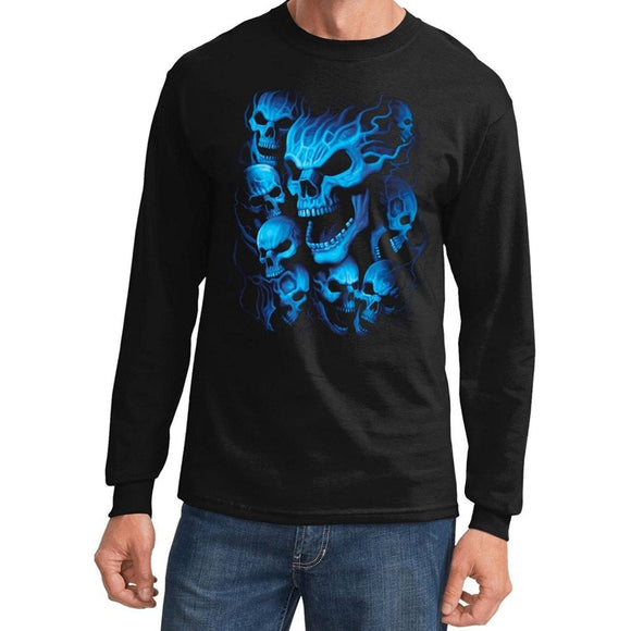 Yoga Clothing for You Mens Flaming Blue Skulls Biker Long Sleeve Tee Shirt - Black - Yoga Clothing for You