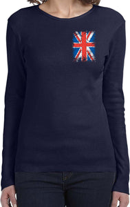 Ladies Union Jack T-shirt Flag Pocket Print Long Sleeve - Yoga Clothing for You