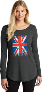 Ladies Union Jack T-shirt Flag Tri Blend Long Sleeve - Yoga Clothing for You