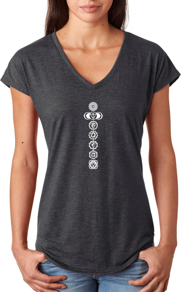 White 7 Chakras Triblend V-neck Yoga Tee Shirt - Yoga Clothing for You