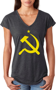 Ladies Soviet Union Tee Yellow Hammer and Sickle Triblend V-Neck - Yoga Clothing for You