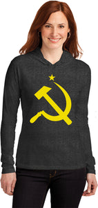 Ladies Soviet Union Tee Yellow Hammer and Sickle Hooded Shirt - Yoga Clothing for You