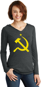 Ladies Soviet Union Yellow Hammer and Sickle Tri Blend Hoodie - Yoga Clothing for You