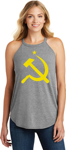 Ladies Soviet Union Yellow Hammer and Sickle Tri Rocker Tank Top - Yoga Clothing for You