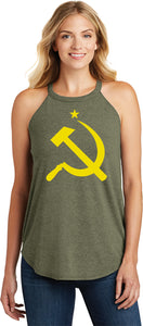 Ladies Soviet Union Yellow Hammer and Sickle Tri Rocker Tank Top - Yoga Clothing for You