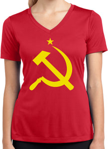 Ladies Soviet Union Yellow Hammer and Sickle Dry Wicking V-Neck - Yoga Clothing for You